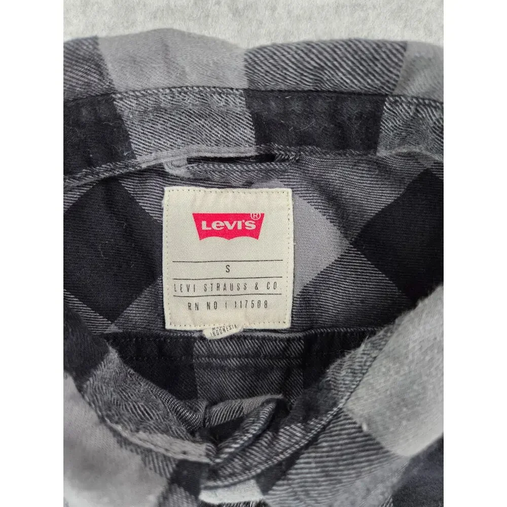 Levi's Men's Plaid Flannel Button Up Shirt Gray Black Buffalo Check Size S Small